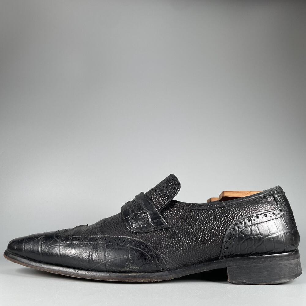 Paul Fredrick Mens 11 M Black Leather Alligator Embossed Penny Loafer Dress Shoe